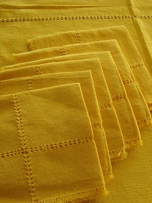 Cotton Tablecloths / Cotton Tablecloth with napkins Solid Yellow 78'' Round (6 people) / This hand woven cotton tablecloth is beautifully finished in a vivid yellow color that will bring life to your table.